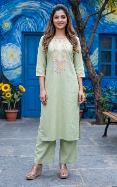 Pastel Green Cotton Straight Kurti Co-ord set